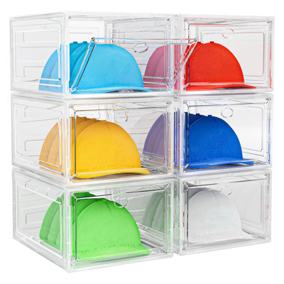 Hat Organizer Box, 6 Boxes For 40 Pack Hats, Upgrade Harder Solid Plastic Hat Organizer For Baseball Caps, Clear Hat Storage With Magnetic Door, Hat Rack Holder Case, White