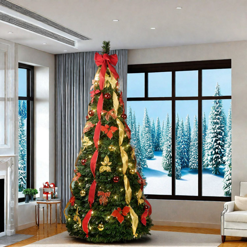 Pre Lit Christmas Trees 7.5 Ft Metal PVC, Collapsible Modern Home Decor