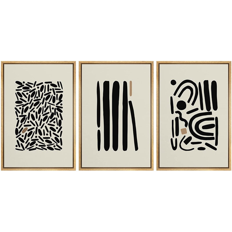 Natural Framed Geometric Abstract Canvas Wall Art Set