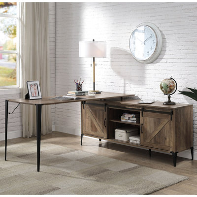 Bureau d'écriture en L avec armoire, chêne rustique et noir