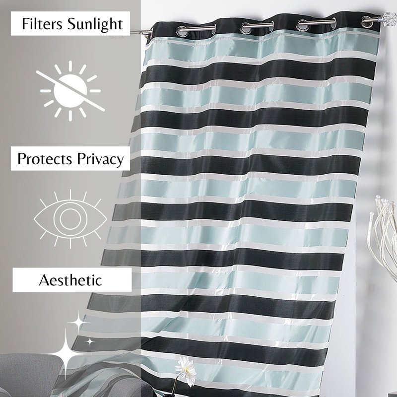 Black and Blue Gray Striped Polyester Sheer Grommet Curtain Panels, 95 x 55 Inches