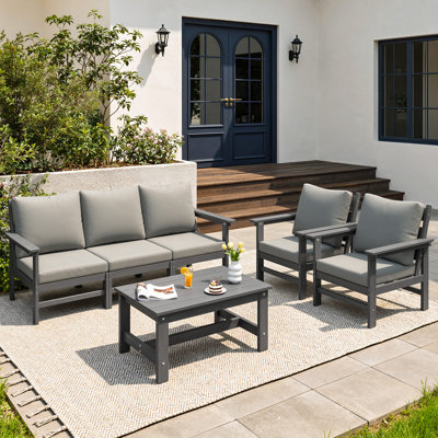 Ensemble de canapé d'extérieur pour 5 personnes avec table basse et coussins amovibles résistants à l'eau - Canapé modulaire en osier toutes saisons pour la pelouse, la terrasse ou le porche