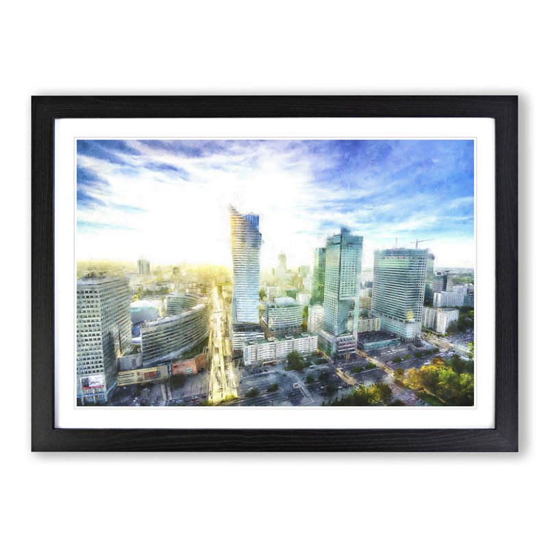 Skyline of Warsaw in Poland - Picture Frame Painting Print, 62cm H x 87cm W x 2cm D, Black Framed