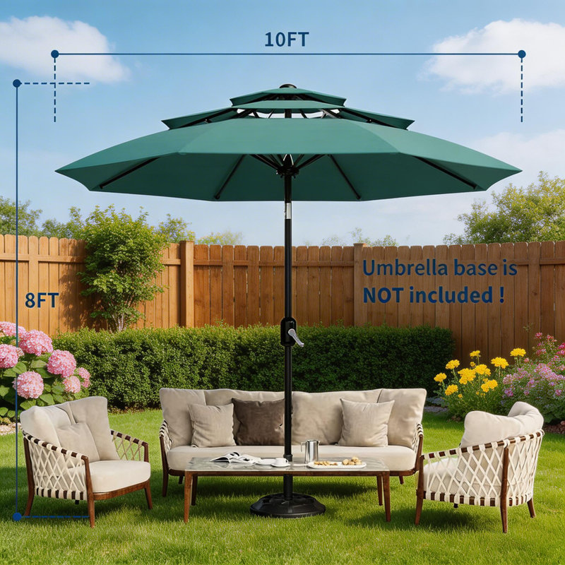 Parasol de patio à 3 niveaux 10 pi avec évents, manivelle et inclinaison faciles, Turquoise