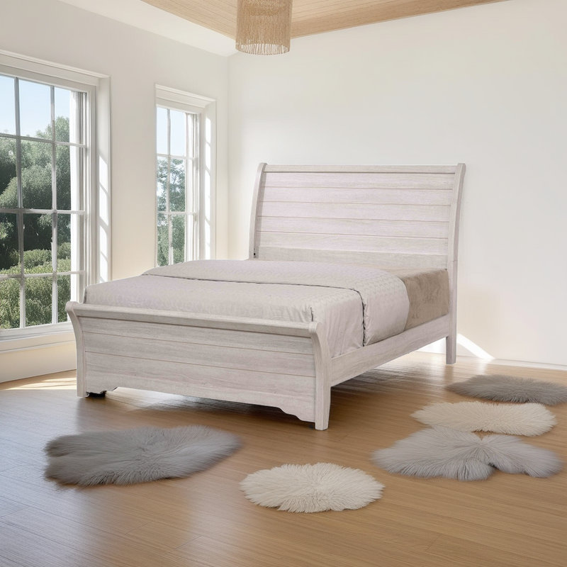 Platform Bed with Curved Headboard and Bracket Feet, Queen Size, White