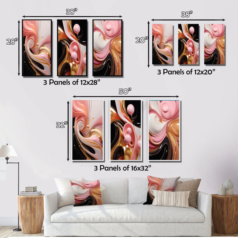 «Whimsical Lquid» rose et or Glam Art - formes abstraites, ensemble de 3 pièces, Cadre flottant doré, H 20 po x l 36 po