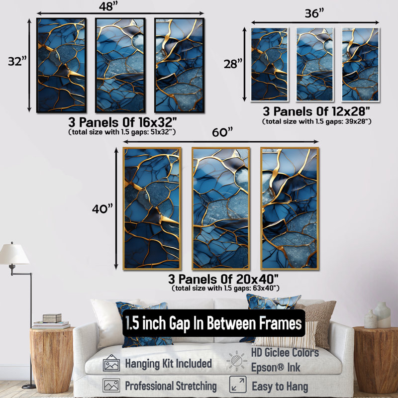 «Gold and Blue Marble Mosaic Agate III», reproduction d'art murale abstraite, H 28 po x l 36 po x P 1 po, Cadre flottant noir