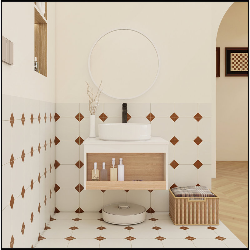 Meuble-lavabo flottant 24 po avec lavabo vasque blanc brillant, fixation murale avec tablette ouverte, conception moderne peu encombrante, durable et facile à nettoyer