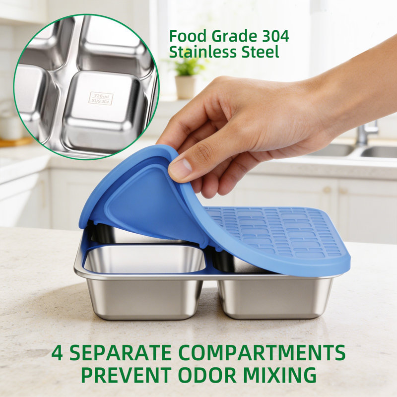 Contenants à collation en acier inoxydable à 4 compartiments avec couvercles en silicone, Bleu 4PCS