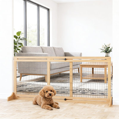 Large barrière pour chien autoportante en bois avec largeur réglable, bois de pin et fil d'acier, convient aux petits animaux de taille moyenne, à la finition épurée, à la maison, pour animaux de compagnie, 41 po à 70,9 po de long, construction, support de deux pieds,