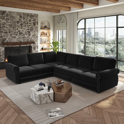 Convertible L-Shaped Sectional Sofa Bed, 6-Seater Oversized Sleeper Couch with Pull Out Bed, Modern Chenille Sectional with Rivet Trim & 7 Cushions