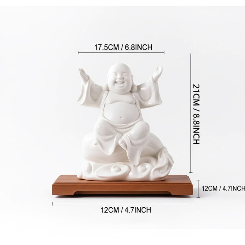 8.2" White Ceramic Laughing Buddha Statue - Feng Shui Money Bag Decor for Luck & Prosperity