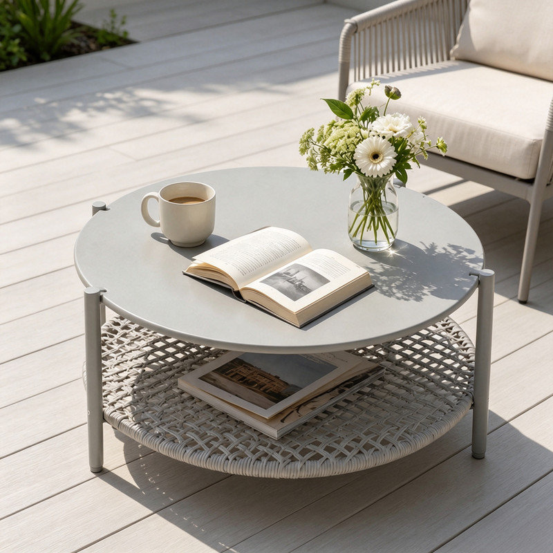 Table basse ronde moderne pour patio, plateau en métal antirouille et tablette inférieure en rotin en PE tressé à la main, table d'appoint pour intérieur et extérieur
