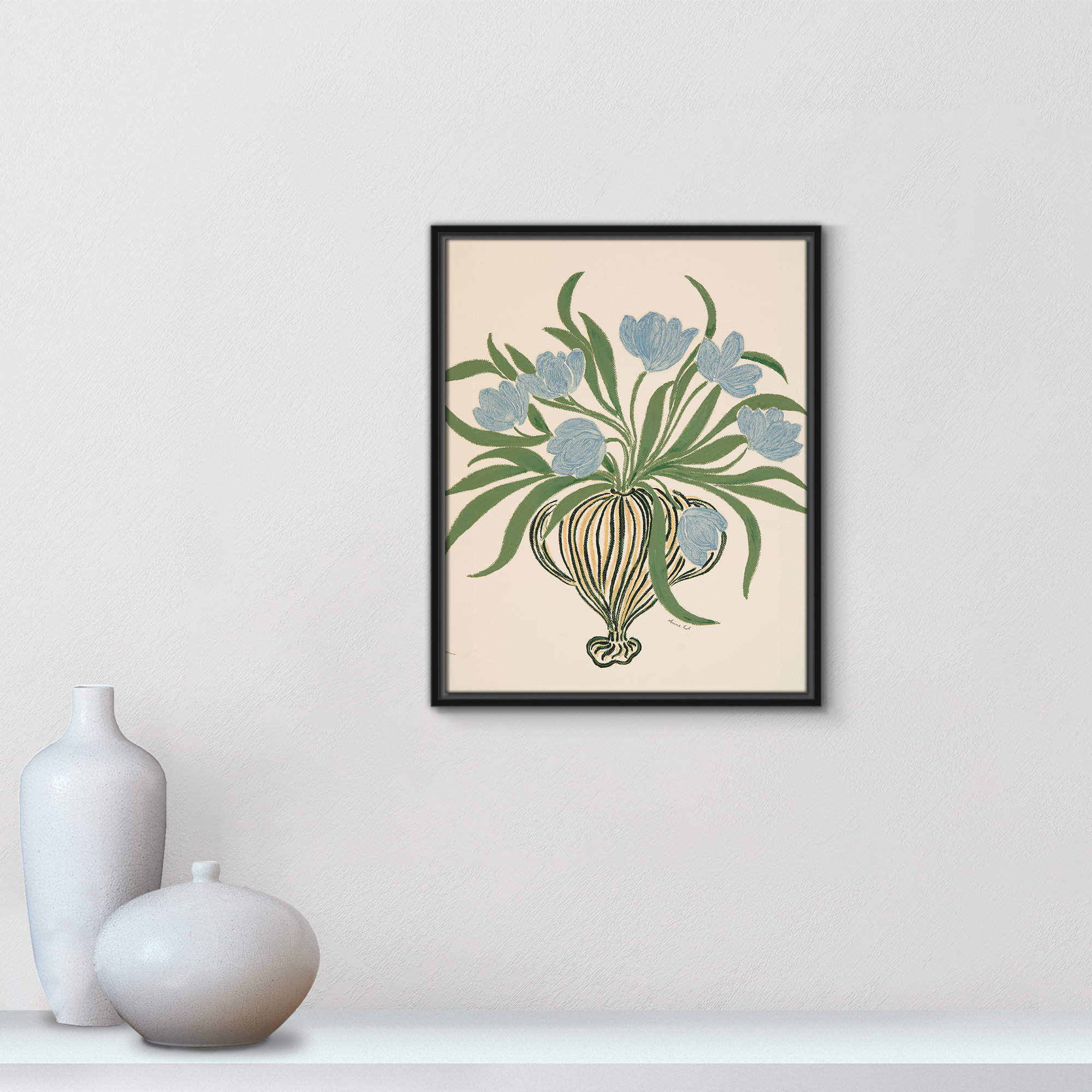 La Poire Blue Tulips Print by Camilla Bergqvist, 21.5" H x 17.5" W, Black