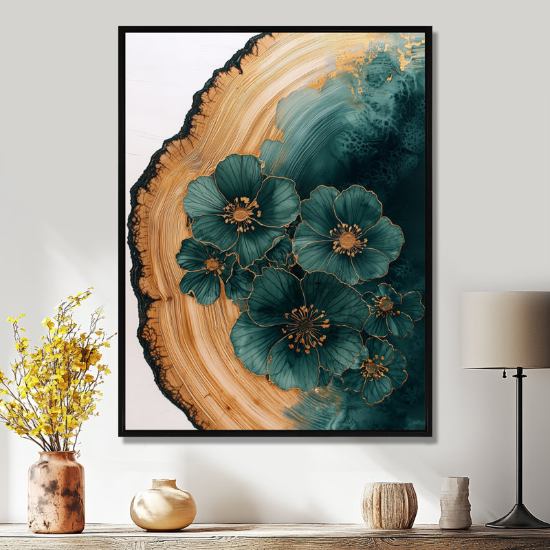 Fleurs vertes vertes sur glissade sur bois - Art sur toile, H 20 po x l 12 po, Impression encadrée flottante, Noir