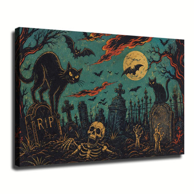 Tableau sur toile vintage représentant un chat noir, un crâne et des chauves-souris dans un cimetière, avec une pleine lune et un style rétro Halloween.