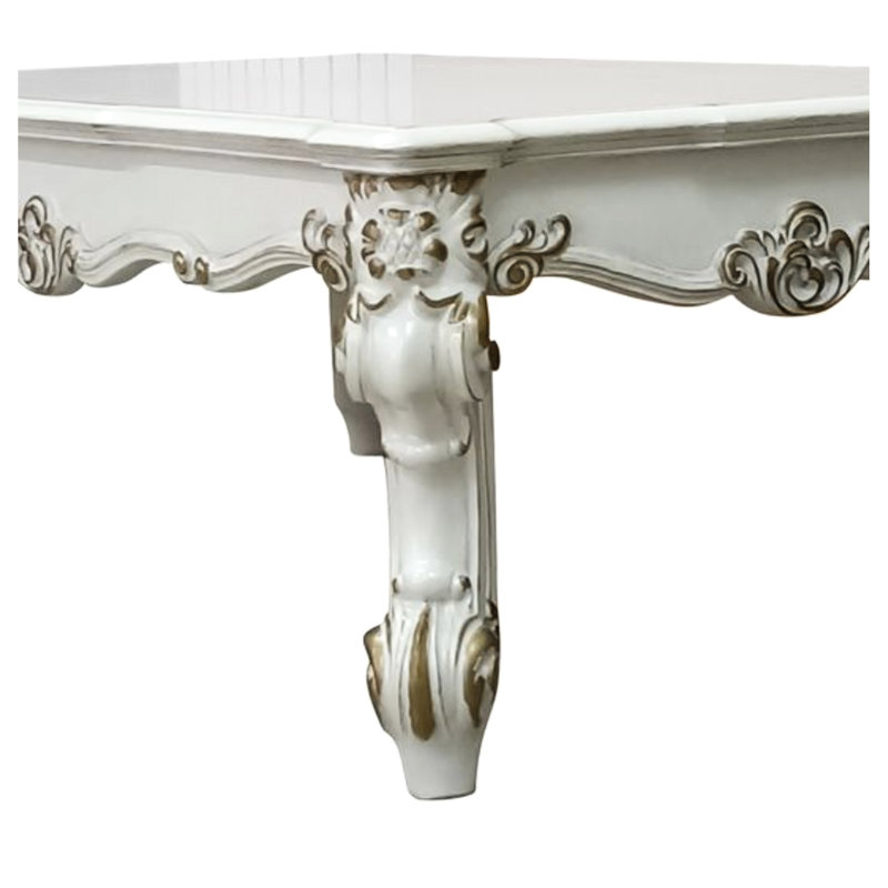 Table basse Ii à finition perle antique, plateau rectangulaire en bois de style transitionnel avec pieds et tablier à volutes, pieds surdimensionnés, pas de tablette / non, table de décor Ii, plateau supérieur et unité de tiroir