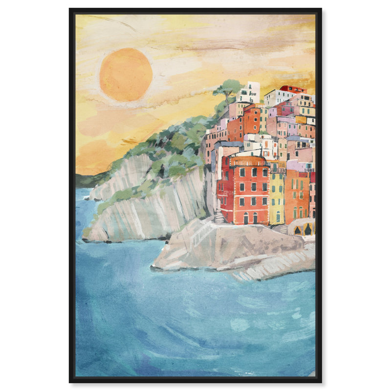 «Colorful Town by the Sea», reproduction sur toile tendance par Art Remedy, H 31 po x l 21 po, Cadre flottant noir