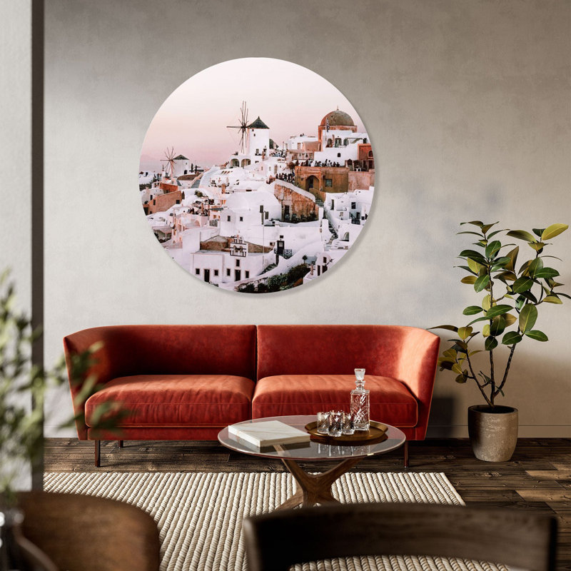Santorini Sunrise Architecture Round Acrylic Art by Oliver Gal, 12" H x 12" W