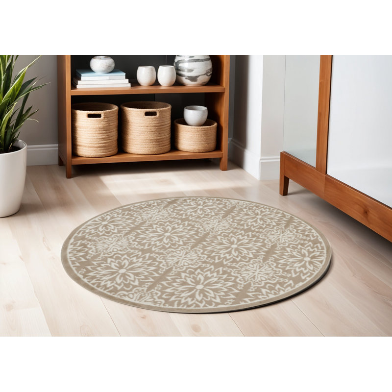 Tapis rond antidérapant floral 5 pi taupe et ivoire
