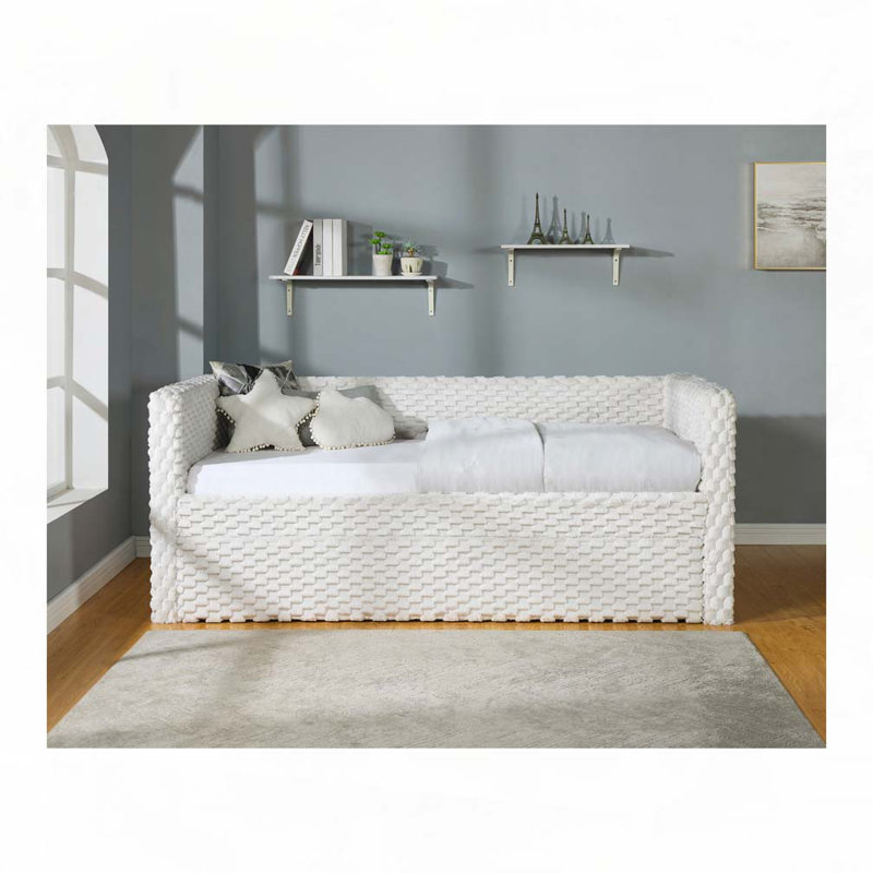 Daybed Armrest Pull Out Trundle ,Textured Fabric, White