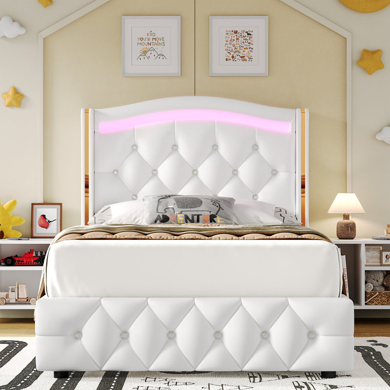 Areyon Upholstered Wingback Storage Bed, White, Twin