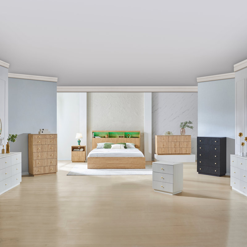 Commode à 8 tiroirs cannelés pour la chambre à coucher, organisateur de rangement de commode, commode de chambre moderne avec rangement profond pour placard, couloir, entrée, naturel