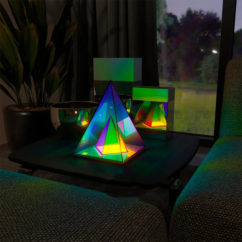 Lampe de table moderne en pyramide, design simpliste et innovant, lumière de bureau à DEL transparente colorée, veilleuse décorative chaleureuse unique, décoration d'intérieur en acrylique 3D