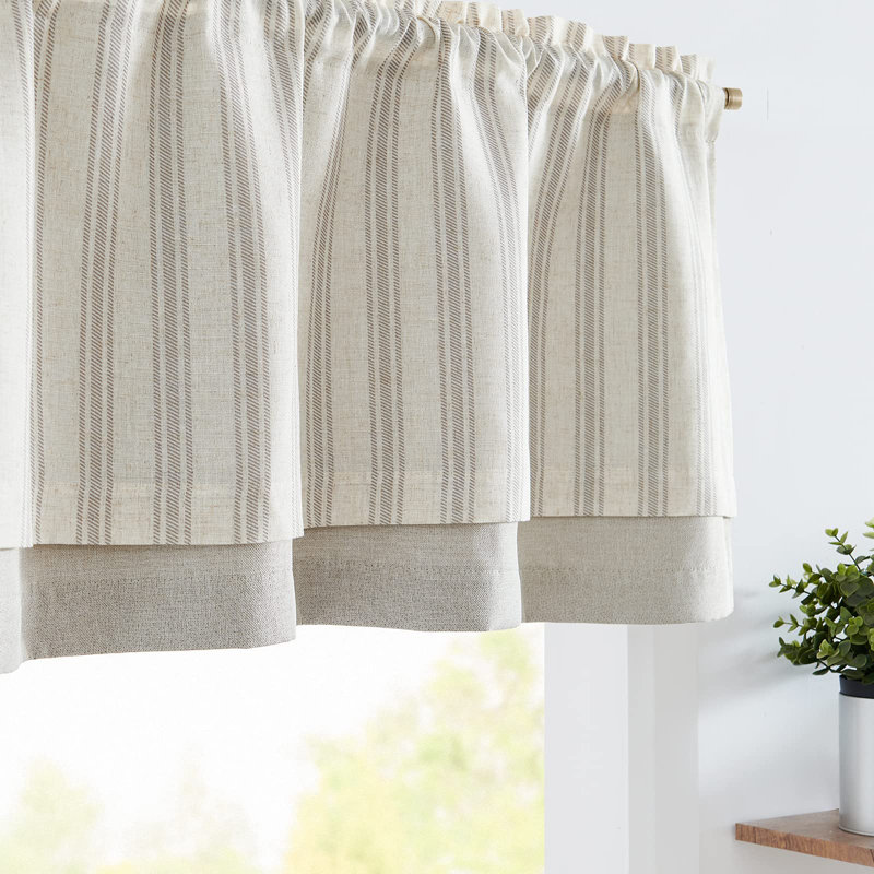 Linen Striped Valance Curtain Farmhouse Double Layer Valance, Light Gray