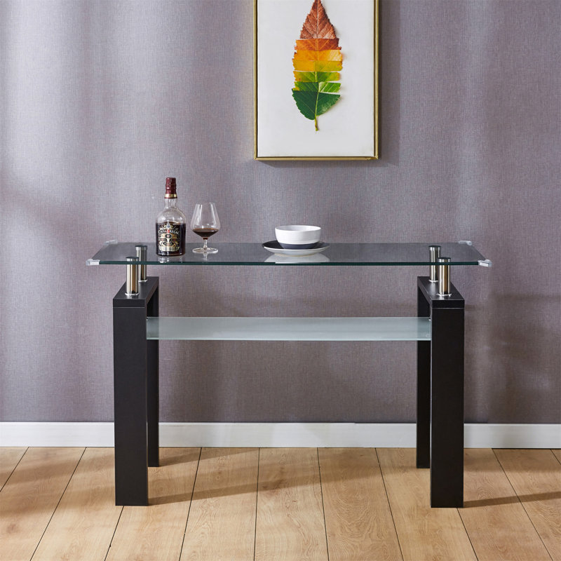 Console en panneau de fibres à densité moyenne noir, plateau en verre trempé, table de vestibule moderne