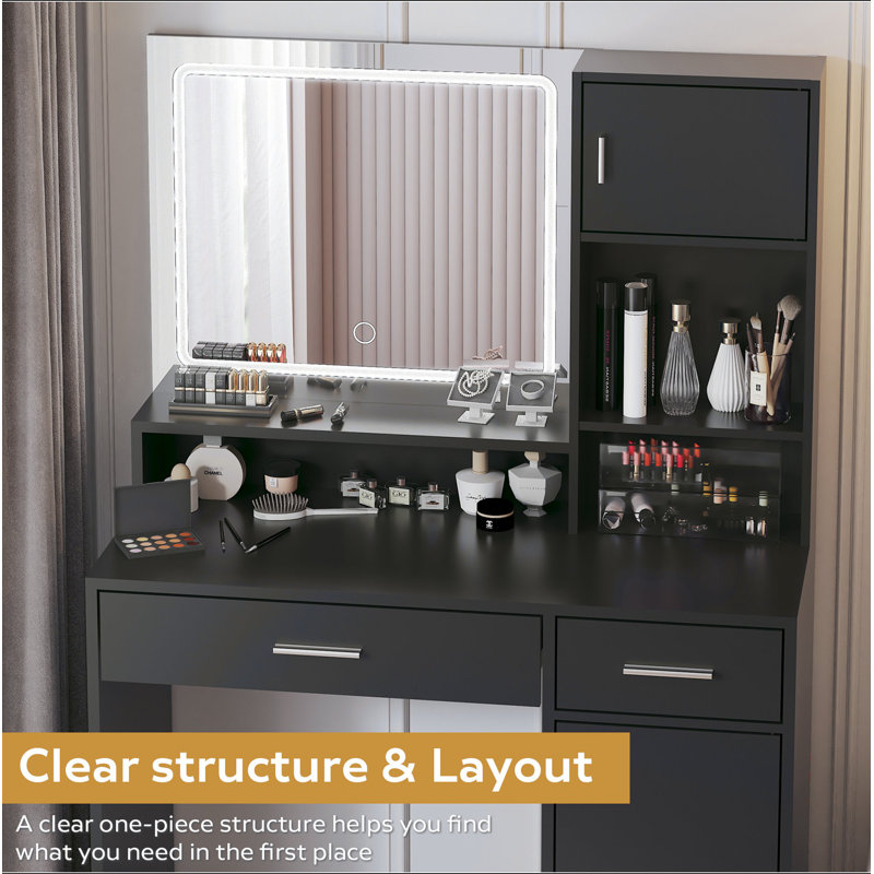 Bureau de coiffeuse avec miroir et bande lumineuse à DEL, coiffeuse avec grand tiroir, commode de rangement à 3 niveaux et 3 modes d'éclairage à luminosité réglable, convient à la chambre à coucher