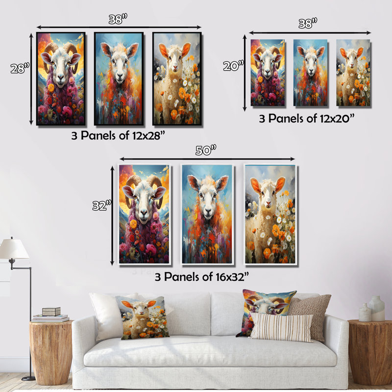 «Pink Sheep Enchanted Ewes», 3 pièces, H 28 po x l 36 po, Encadrement doré