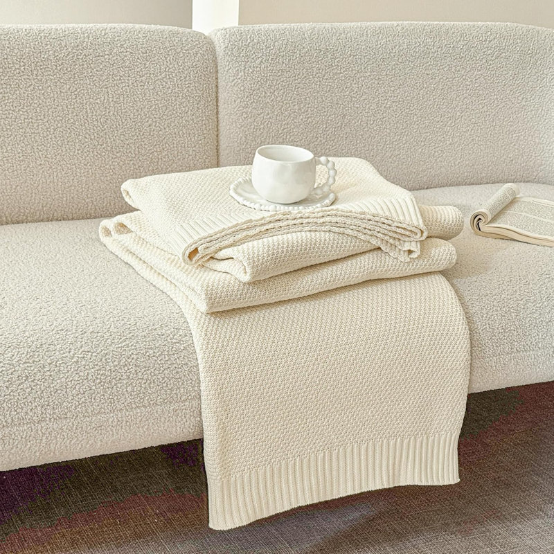 Jeté 100% coton, couverture tricotée par câble de couleur unie super douce, confortable, respirante, décorative, pour canapé-lit, toutes saisons