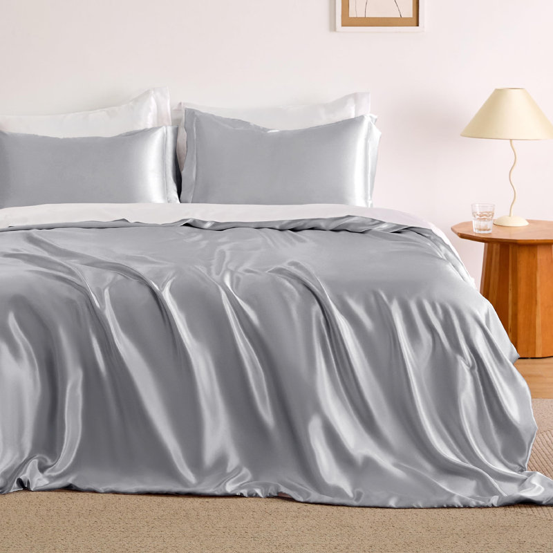 Housse de couette en satin, Vert foncé, Housse de couette pour grand lit et 2 taies décor