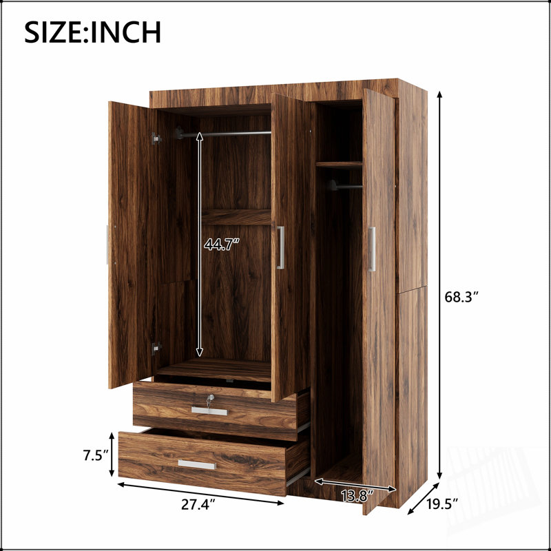 Armoire-penderie à trois portes avec 2 tiroirs et 2 tringles pour un rangement organisé et spacieux