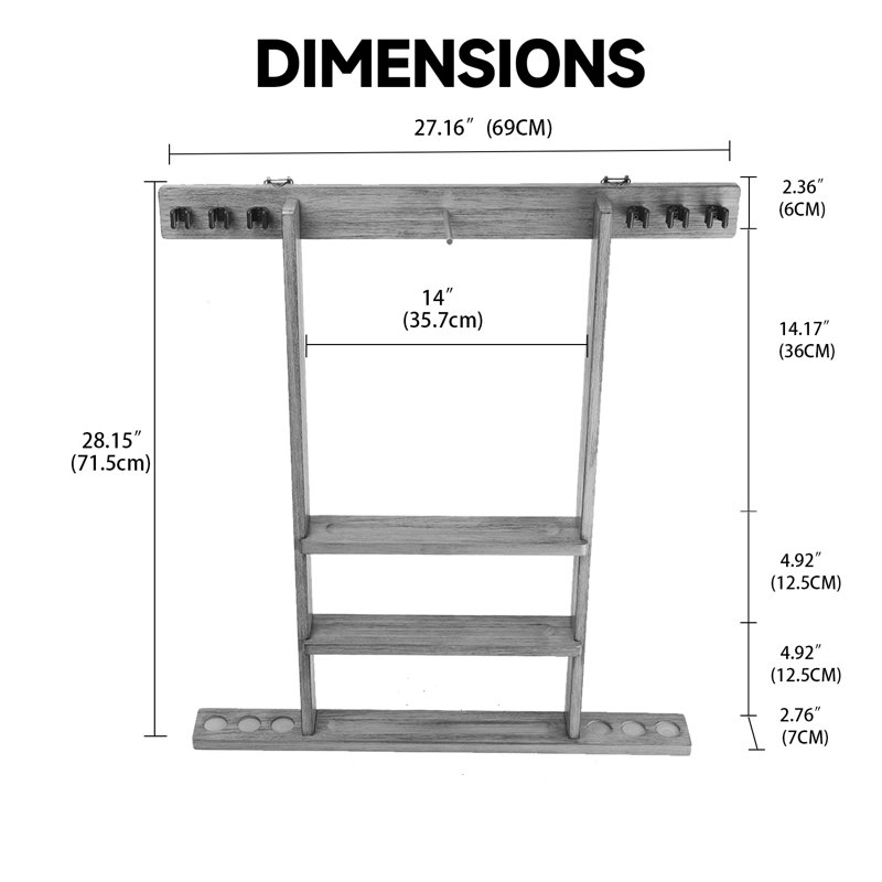 GSE Solid Wood 6 Pool Cue Rack, Billiard Pool Cue Stick Wall Mount Rack Only, Hanging Mounting Rack - Brushed Grey