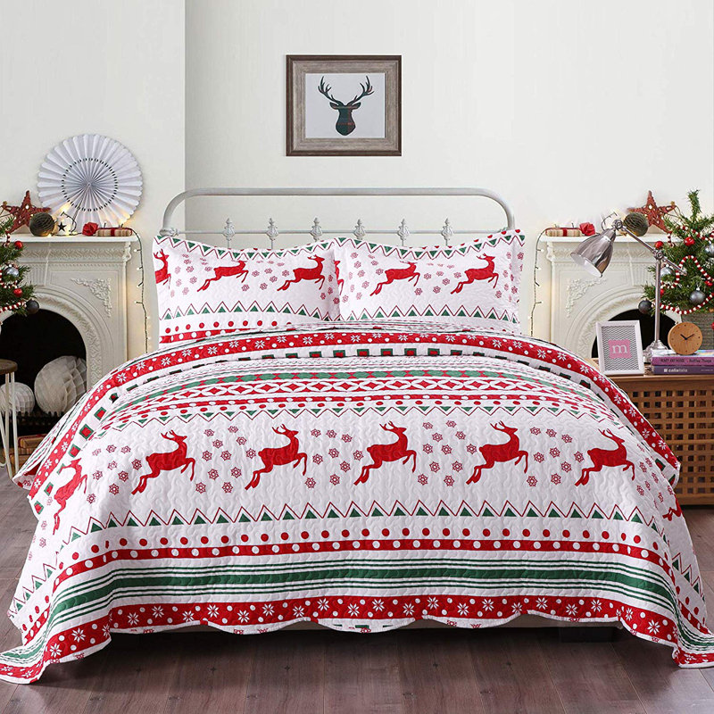 Christmas Snowflake Rustic Polyester Striped Quilt, Queen Quilt + 2 Shams