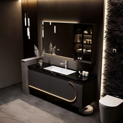 59.06"Black Rubberwood Wall-Mounted Bathroom Washbasin Vanity With a Smart Mirror