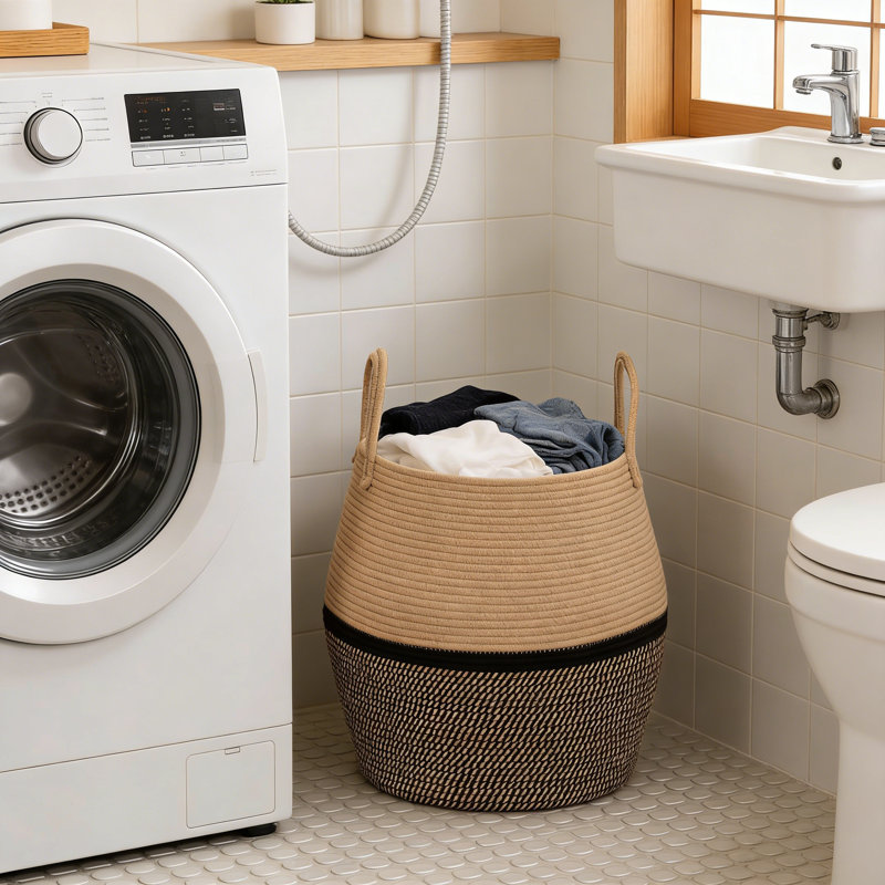 60L Storage Basket With Handle, Laundry Hamper For Clothes, Blankets, Toys, Living Room, Brown & Black, Brown/Black