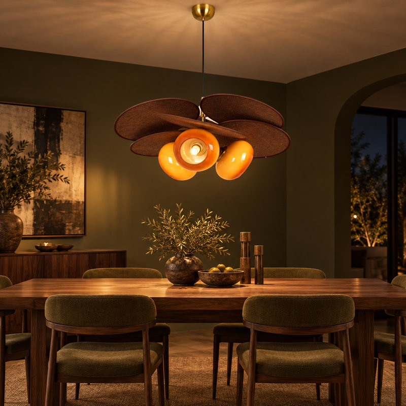 Luminaire suspendu doré à 3 lumières en feuille de rotin, lustre tissé avec abat-jour en verre ambré et cordon réglable
