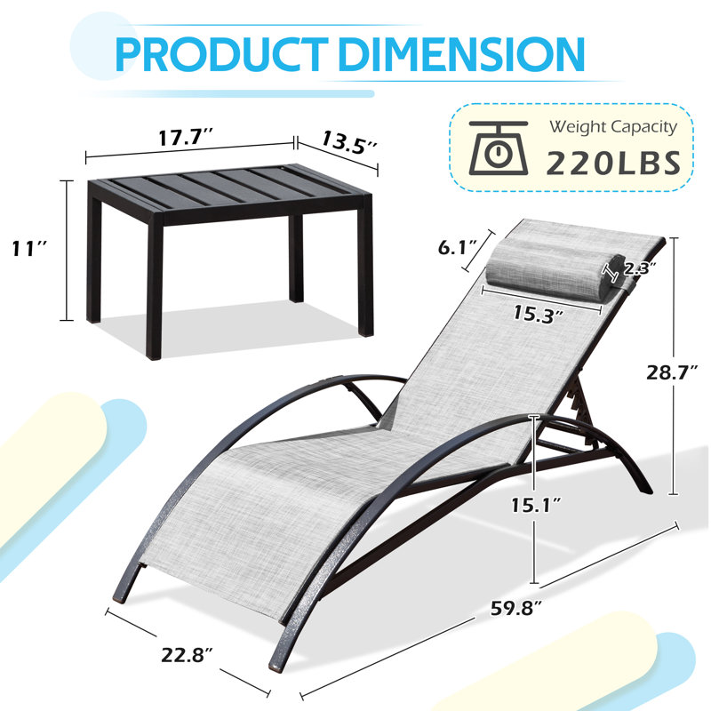 EROMMY Outdoor Chaise Lounge Set with Table, Gray White