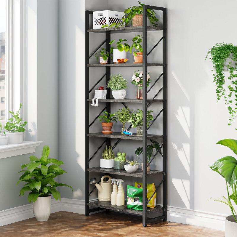 Axtell 69.6" Tall Bookshelf 6 Tier Bookcase, Modern Book Shelf Open Display Storage Rack Shelves, Black/Grey