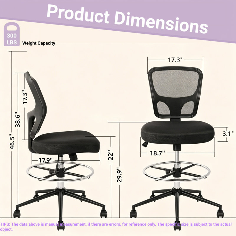 Ensemble de 2 chaises de dessinateur avec repose-pieds, chaise de bureau ergonomique et pivotante en filet, Noir, Noir