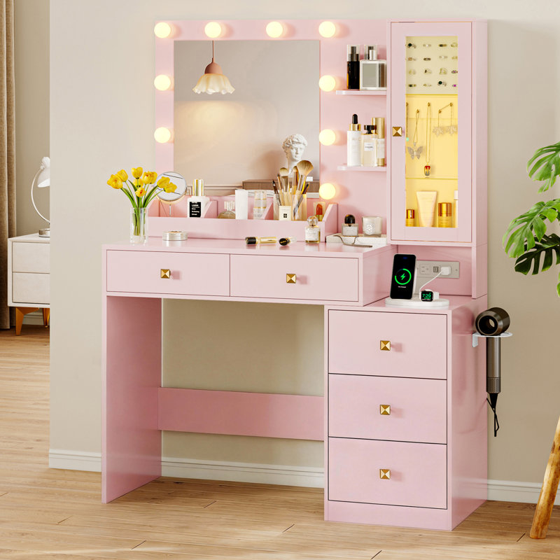 39"W Modern Makeup Vanity Desk with LED Lighted Mirror, 5-Drawer Dressing Table with Power Outlet and Hidden Jewelry Organizer for Bedroom