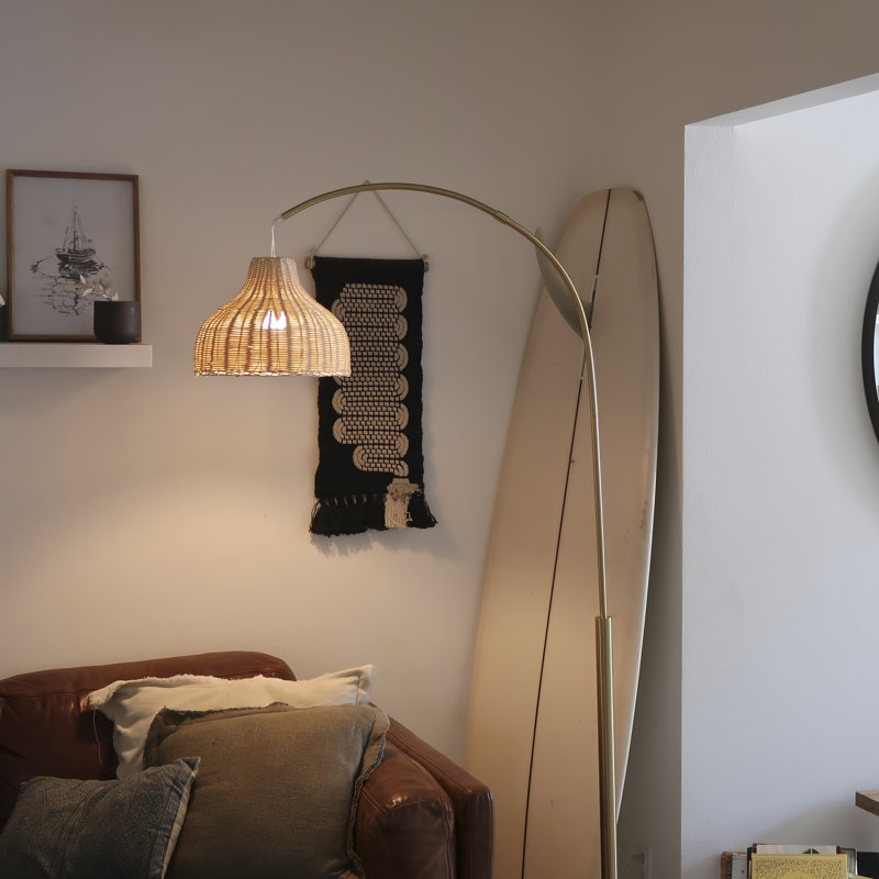 75" Brass Arc Floor Lamp with Rattan Shade