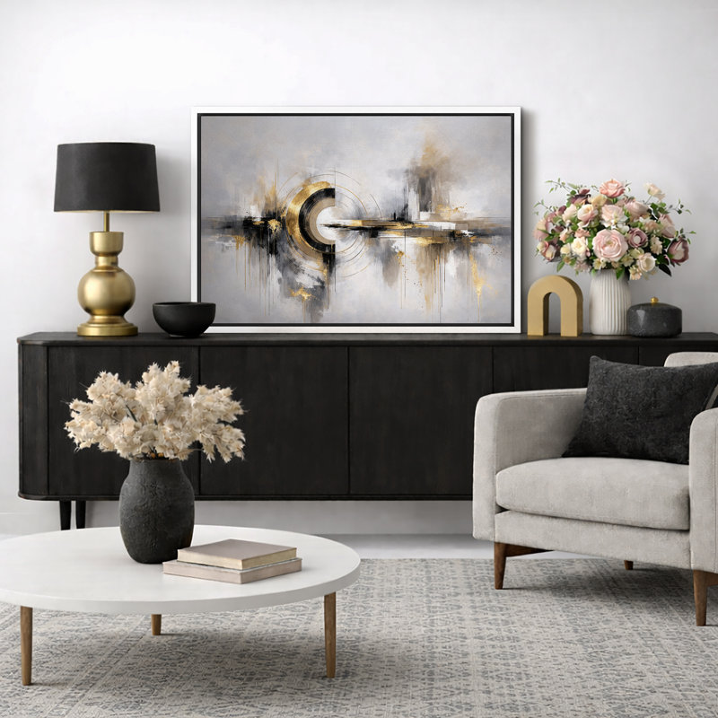Œuvre abstraite, composition circulaire géométrique, photos de salon moderne, impression sur toile encadrée, Cadre blanc