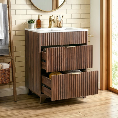 24'' Walnut Vanity With Slatted Design, Includes Ceramic Sink