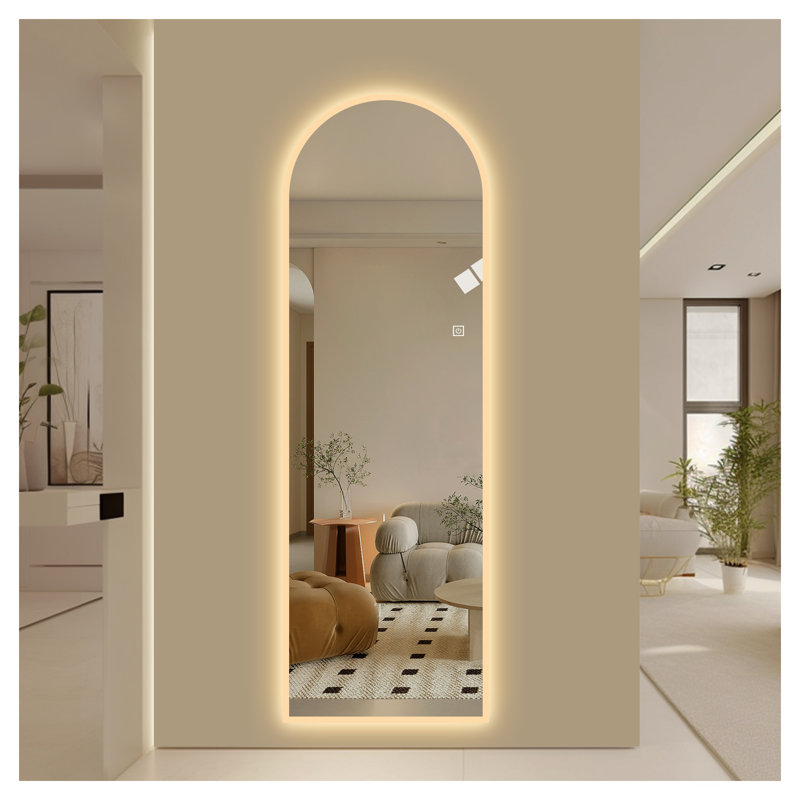 65" x 21" Symmetrical Arch LED Full Length Wall Mirror, Dimmable 3-Color Lighted Mirror with Frosted Border