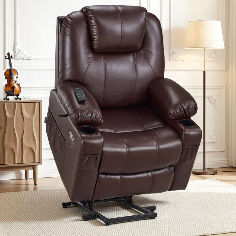 Power Recliner Lift Chair with Vibration Massage and Heat & Extended Footrest, Faux Leather, Dark Brown
