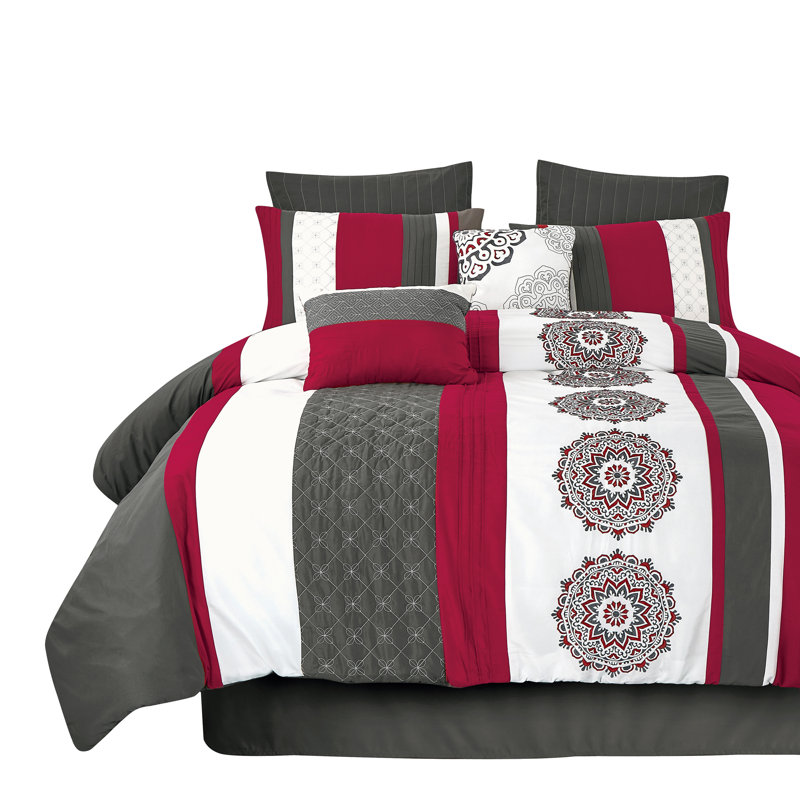 Ensemble de literie complet 8 pièces à rayures mandala rouge et gris anthracite, taille QUEEN
